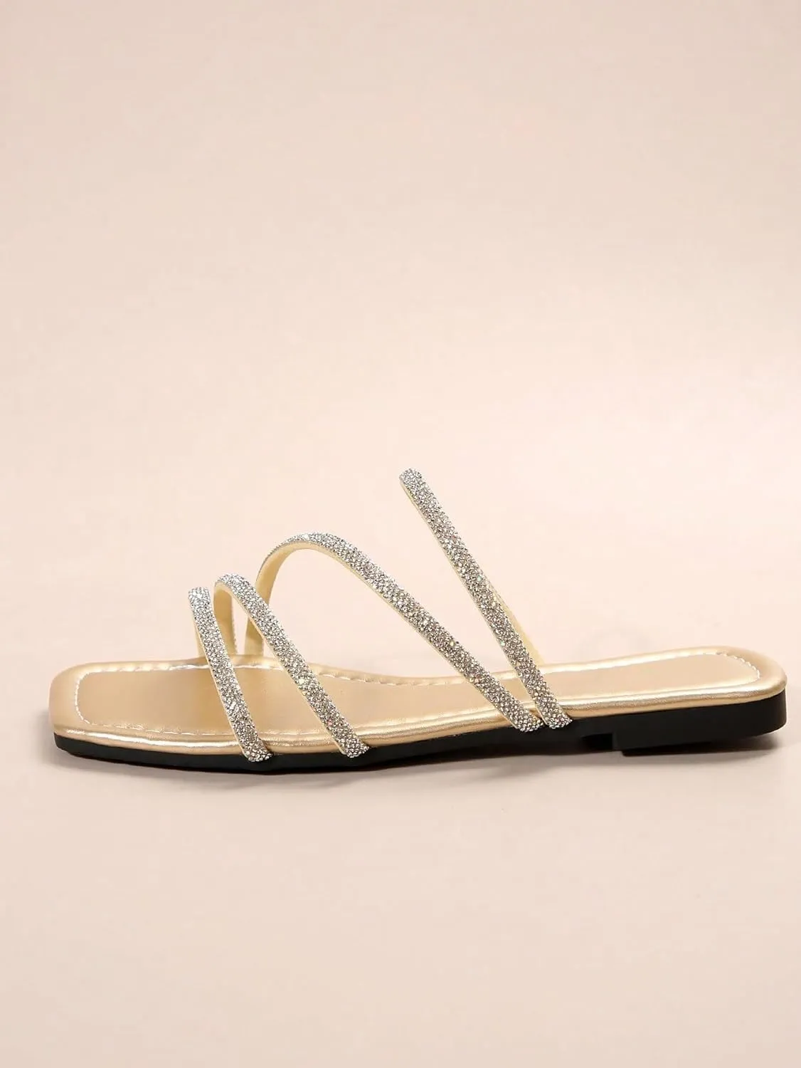 GORGLITTER Women's Rhinestone Flat Sandals Strappy Slip on Open Toe Slide Sandals