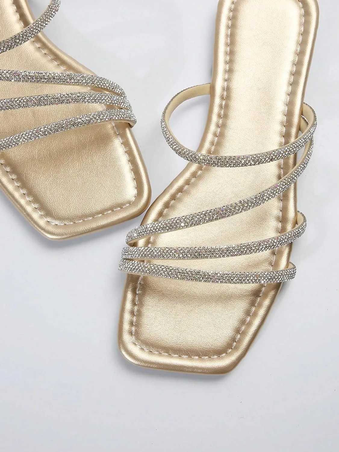GORGLITTER Women's Rhinestone Flat Sandals Strappy Slip on Open Toe Slide Sandals