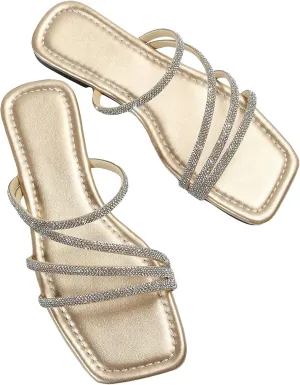 GORGLITTER Women's Rhinestone Flat Sandals Strappy Slip on Open Toe Slide Sandals