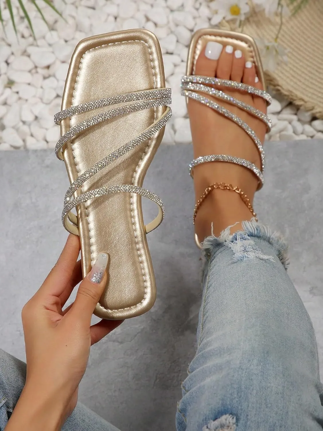 GORGLITTER Women's Rhinestone Flat Sandals Strappy Slip on Open Toe Slide Sandals