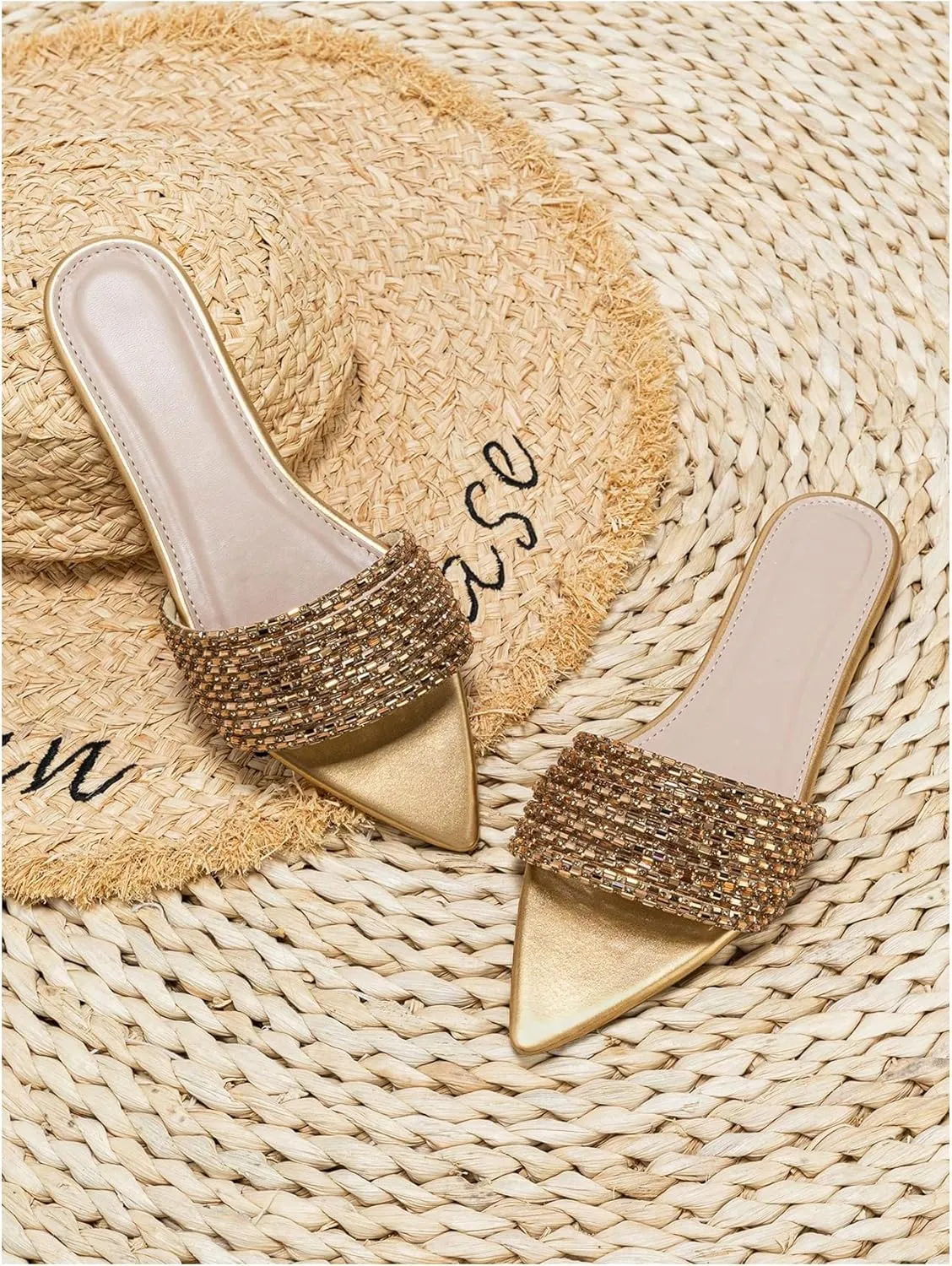 GORGLITTER Women's Rhinestone Sandals Sparkly Pointed Open Toe Dressy Summer Flat Sandals