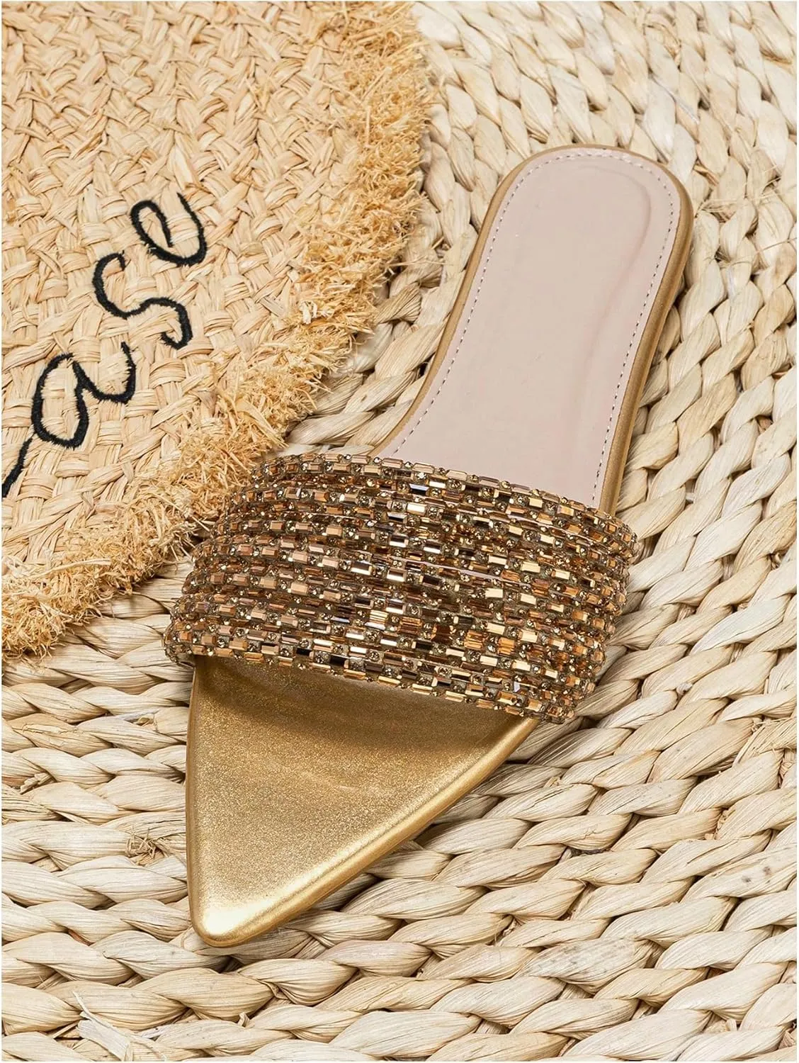 GORGLITTER Women's Rhinestone Sandals Sparkly Pointed Open Toe Dressy Summer Flat Sandals