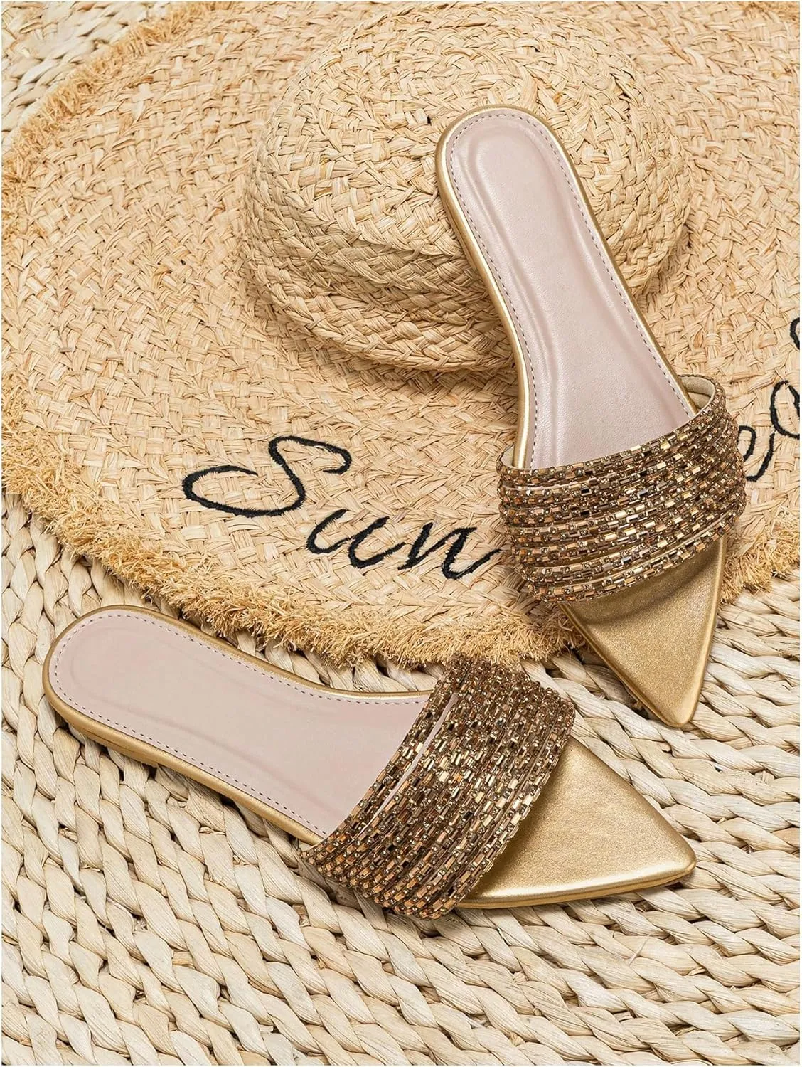 GORGLITTER Women's Rhinestone Sandals Sparkly Pointed Open Toe Dressy Summer Flat Sandals