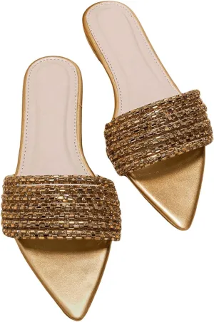 GORGLITTER Women's Rhinestone Sandals Sparkly Pointed Open Toe Dressy Summer Flat Sandals