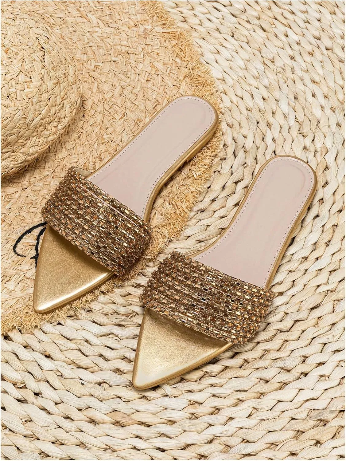 GORGLITTER Women's Rhinestone Sandals Sparkly Pointed Open Toe Dressy Summer Flat Sandals
