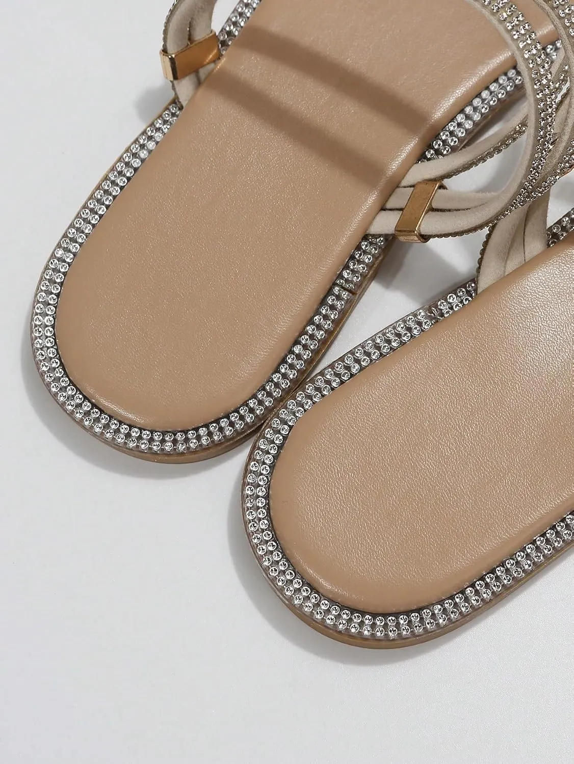 GORGLITTER Women's Rhinestone Sparkly Metallic Strappy Flat Sandals Cute Toe Slip on Slide Sandals