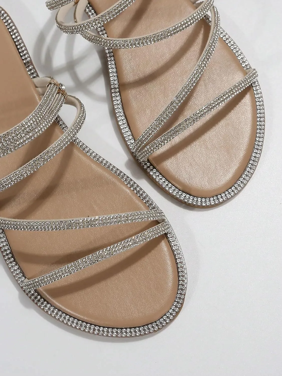 GORGLITTER Women's Rhinestone Sparkly Metallic Strappy Flat Sandals Cute Toe Slip on Slide Sandals