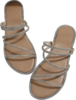 GORGLITTER Women's Rhinestone Sparkly Metallic Strappy Flat Sandals Cute Toe Slip on Slide Sandals