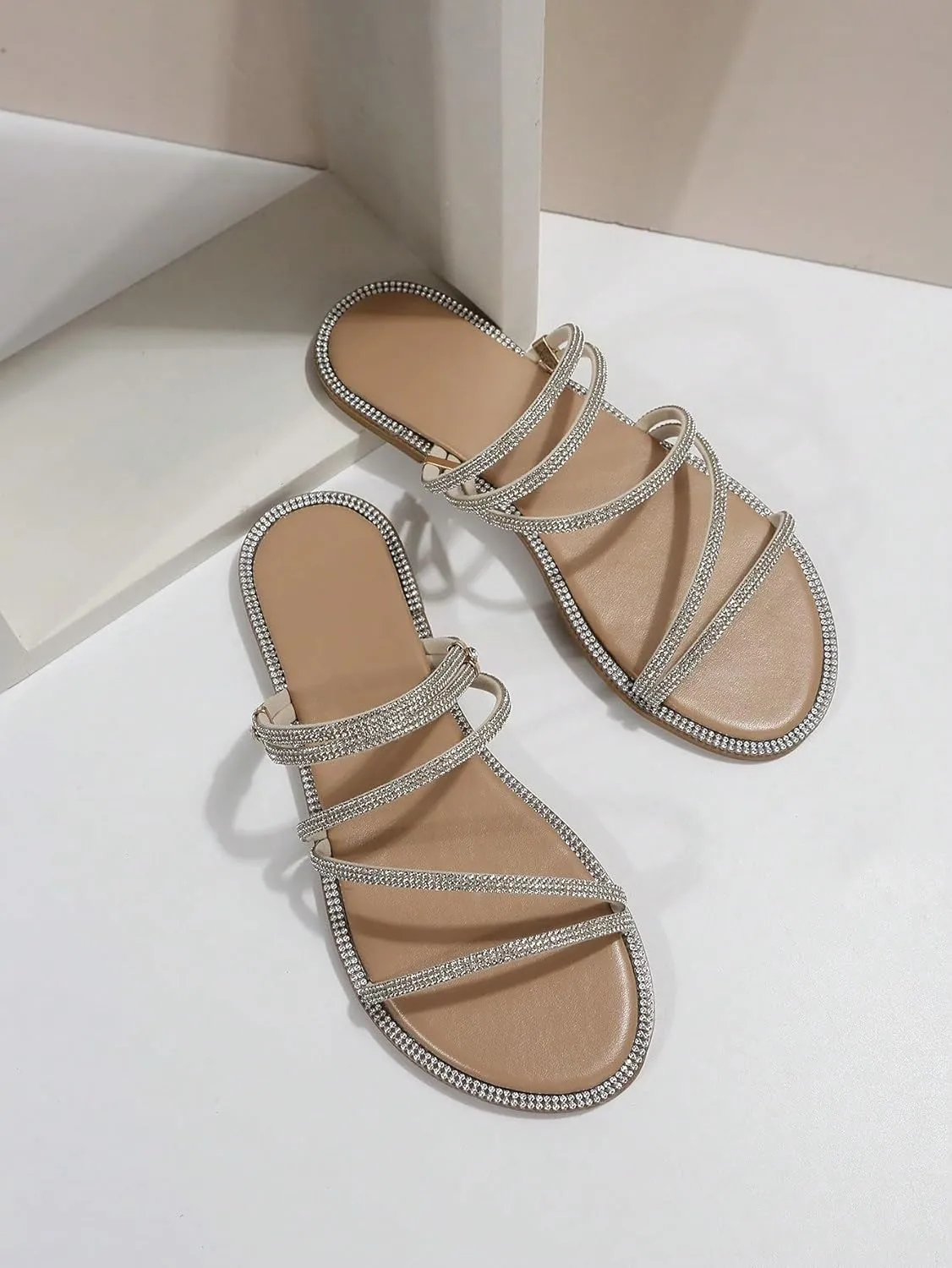GORGLITTER Women's Rhinestone Sparkly Metallic Strappy Flat Sandals Cute Toe Slip on Slide Sandals