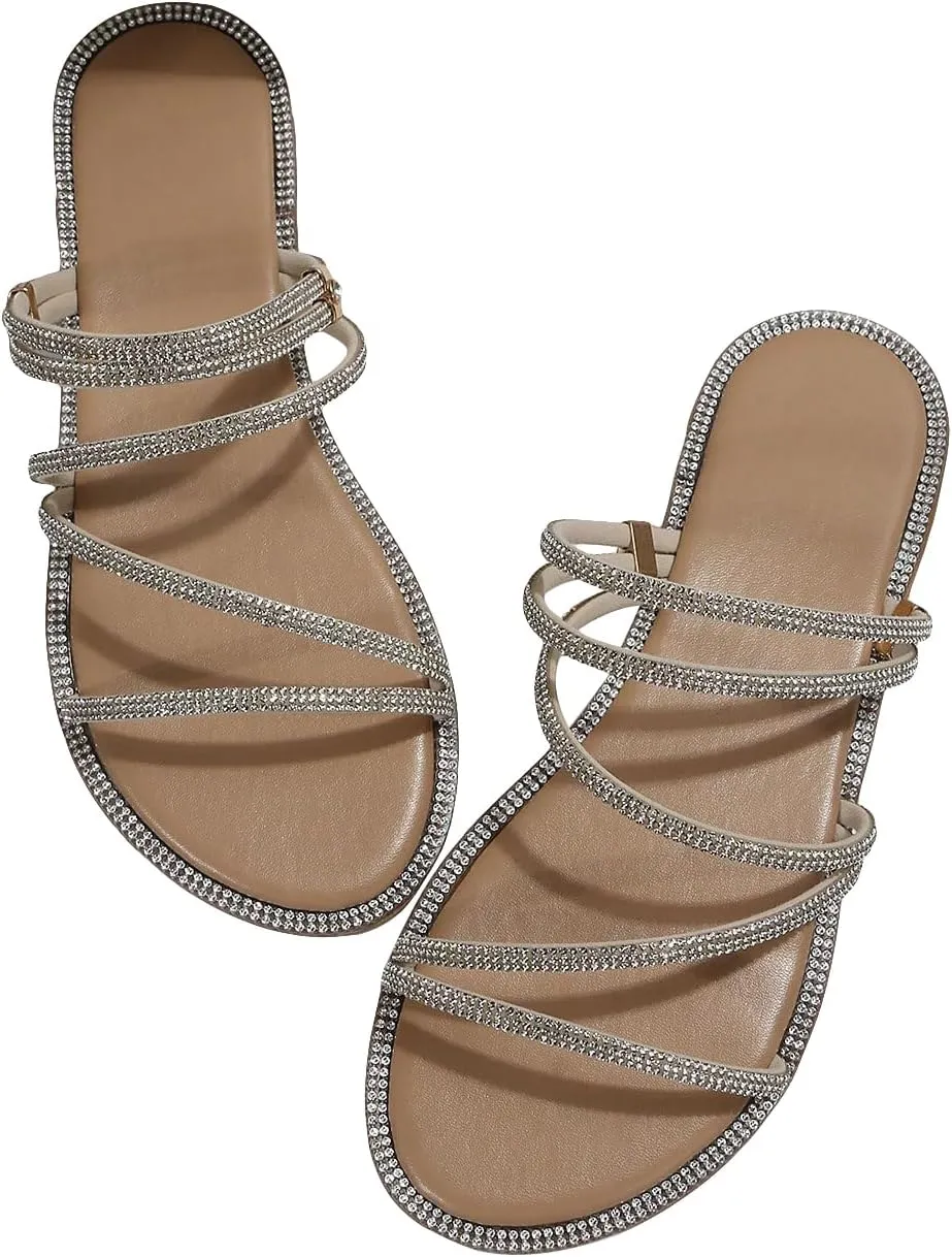 GORGLITTER Women's Rhinestone Sparkly Metallic Strappy Flat Sandals Cute Toe Slip on Slide Sandals