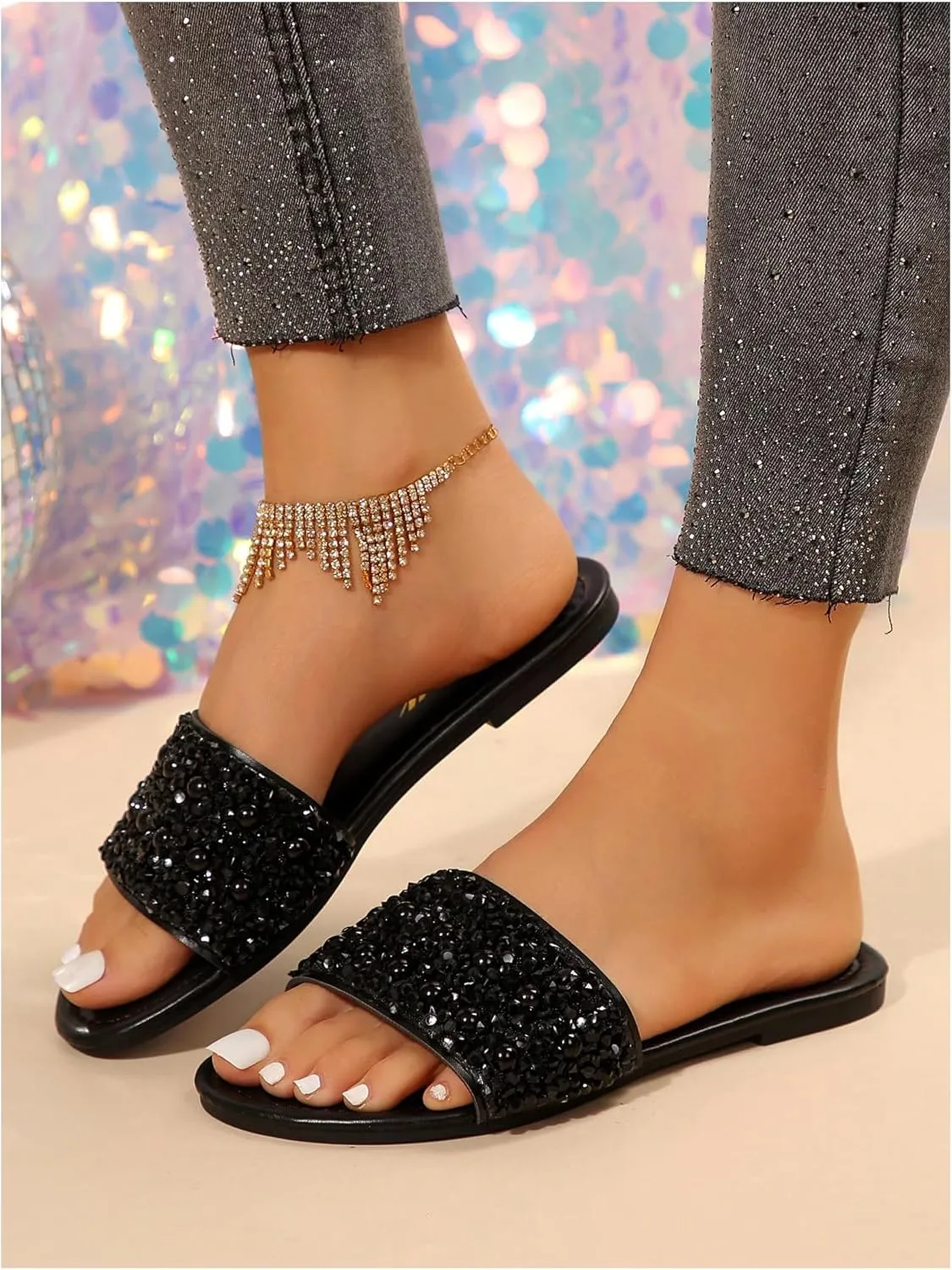 GORGLITTER Women's Sparkly Flat Sandals Strappy Slip on Open Toe Slide Sandals Lightweight Slippers