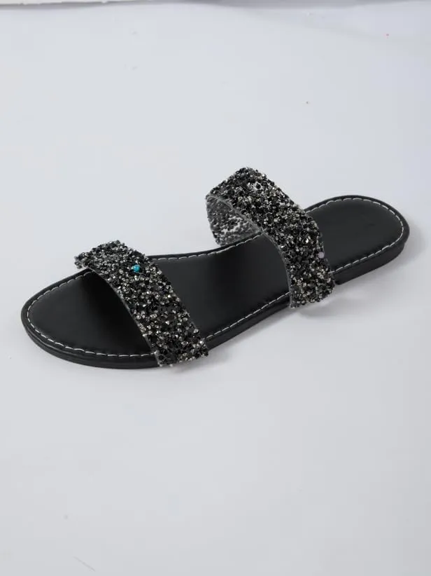 GORGLITTER Women's Sparkly Glitter Flats Sandal Sequin Two Band Open Toe Slip on Slides Wedding Sandals