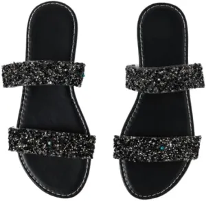 GORGLITTER Women's Sparkly Glitter Flats Sandal Sequin Two Band Open Toe Slip on Slides Wedding Sandals