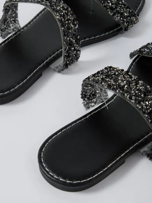 GORGLITTER Women's Sparkly Glitter Flats Sandal Sequin Two Band Open Toe Slip on Slides Wedding Sandals