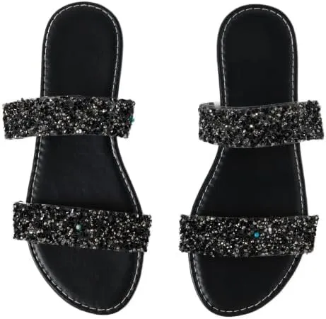 GORGLITTER Women's Sparkly Glitter Flats Sandal Sequin Two Band Open Toe Slip on Slides Wedding Sandals