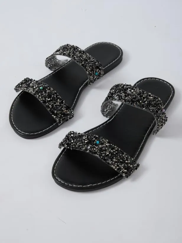 GORGLITTER Women's Sparkly Glitter Flats Sandal Sequin Two Band Open Toe Slip on Slides Wedding Sandals