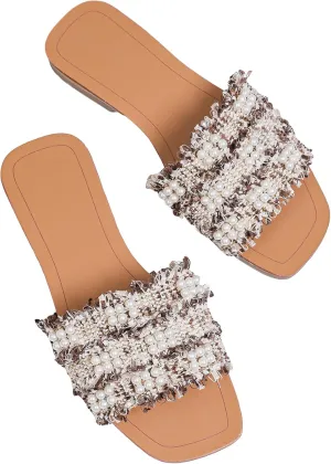 GORGLITTER Women's Summer Beach Flat Cute Sandals 2025 Color Block Faux Pearls Decor Leather Flat Slides