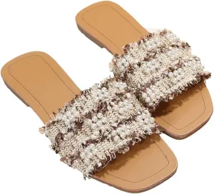 GORGLITTER Women's Summer Beach Flat Cute Sandals 2025 Color Block Faux Pearls Decor Leather Flat Slides