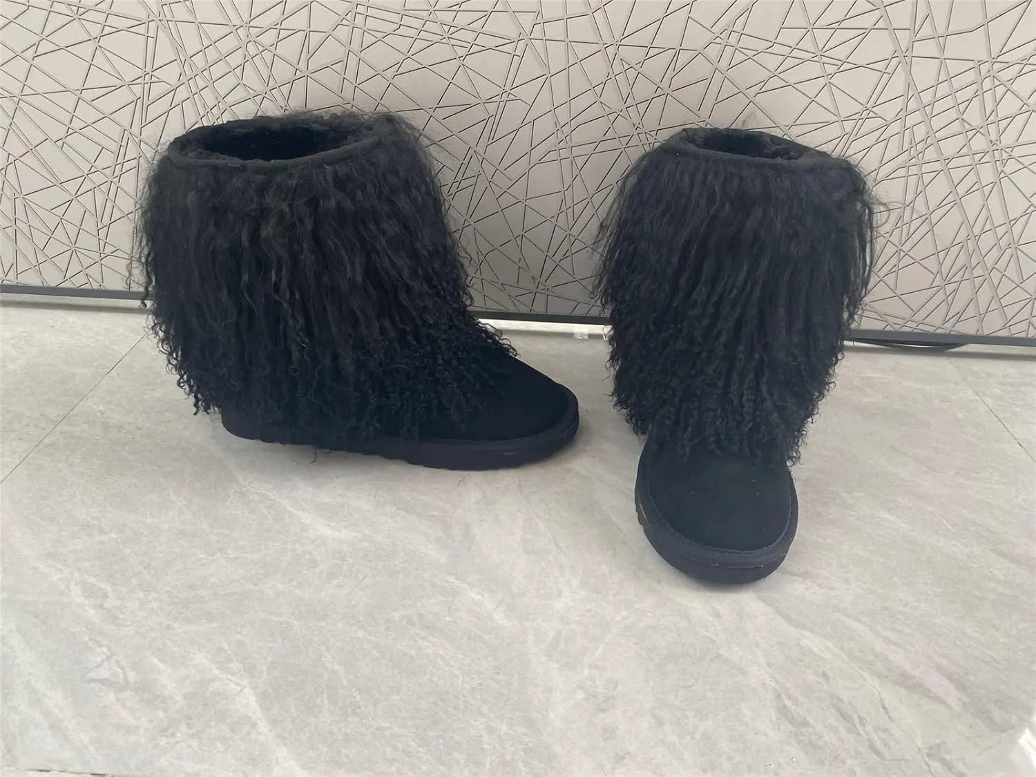 GR196 Women's Tibetan Mid-Half Short Fur Boot Real Mongolian Hairy Furry Sheepskin Snow Boots Long Hair Shoes For Lady Outside Boots