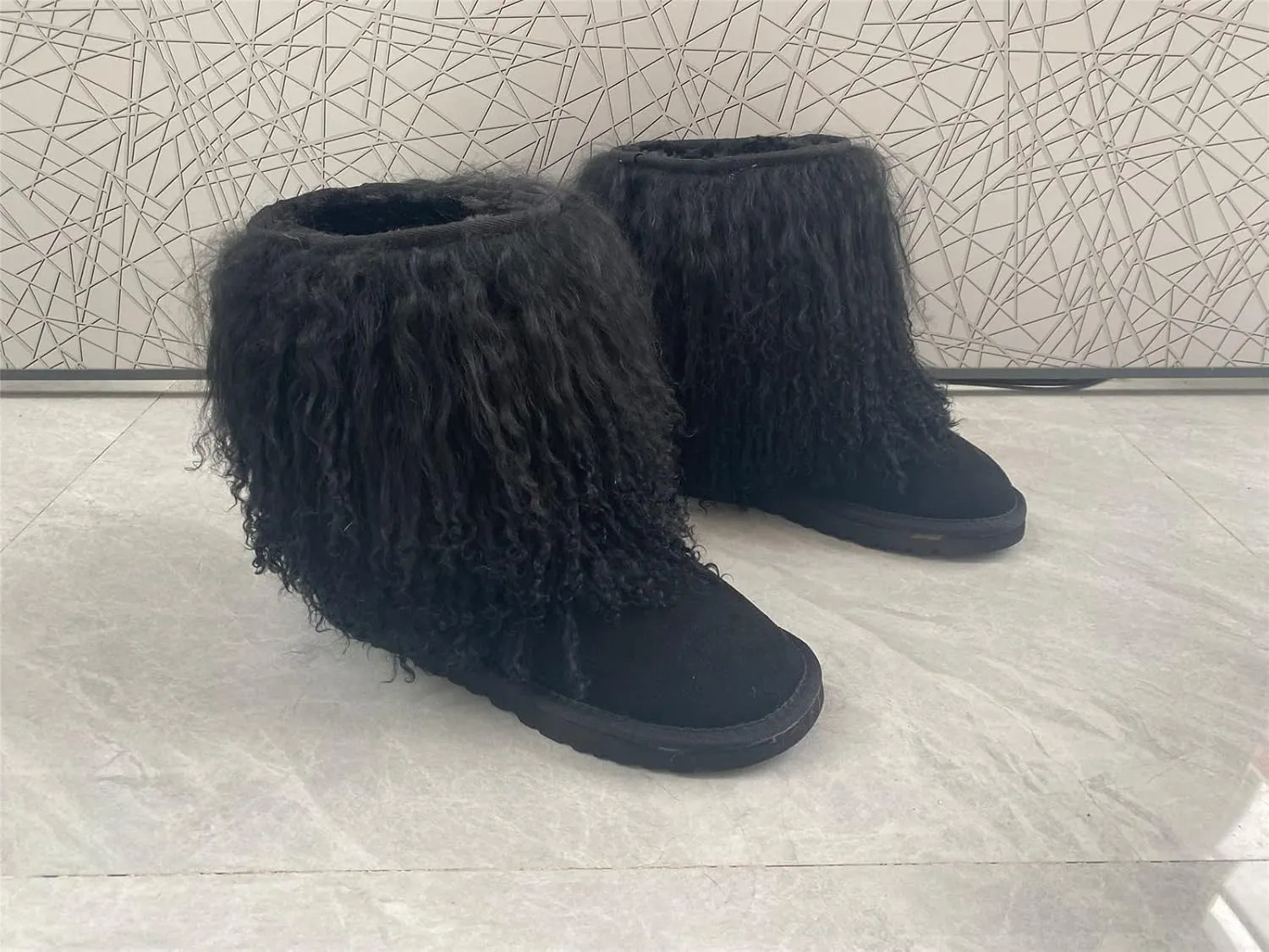 GR196 Women's Tibetan Mid-Half Short Fur Boot Real Mongolian Hairy Furry Sheepskin Snow Boots Long Hair Shoes For Lady Outside Boots