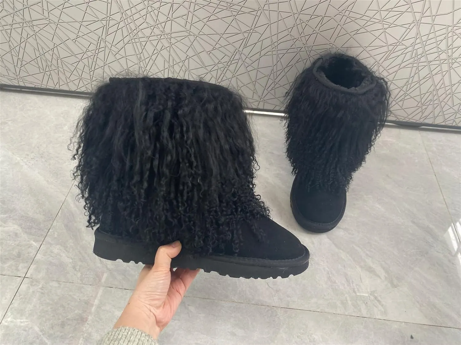 GR196 Women's Tibetan Mid-Half Short Fur Boot Real Mongolian Hairy Furry Sheepskin Snow Boots Long Hair Shoes For Lady Outside Boots