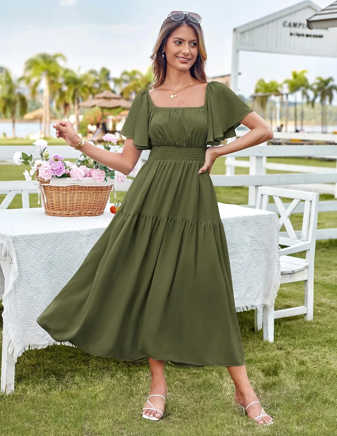 GRACE KARIN Women's Summer Short Sleeve Square Neck Smocked Waist Casual Vacation Tiered Flowy Maxi Dress