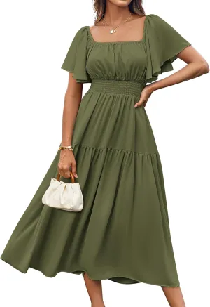 GRACE KARIN Women's Summer Short Sleeve Square Neck Smocked Waist Casual Vacation Tiered Flowy Maxi Dress