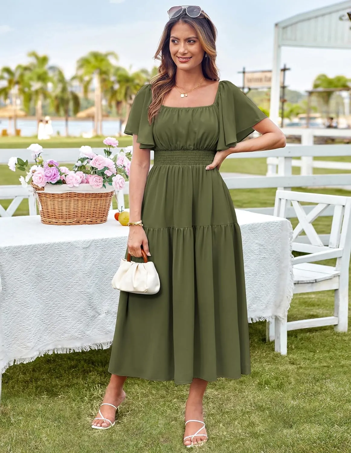 GRACE KARIN Women's Summer Short Sleeve Square Neck Smocked Waist Casual Vacation Tiered Flowy Maxi Dress