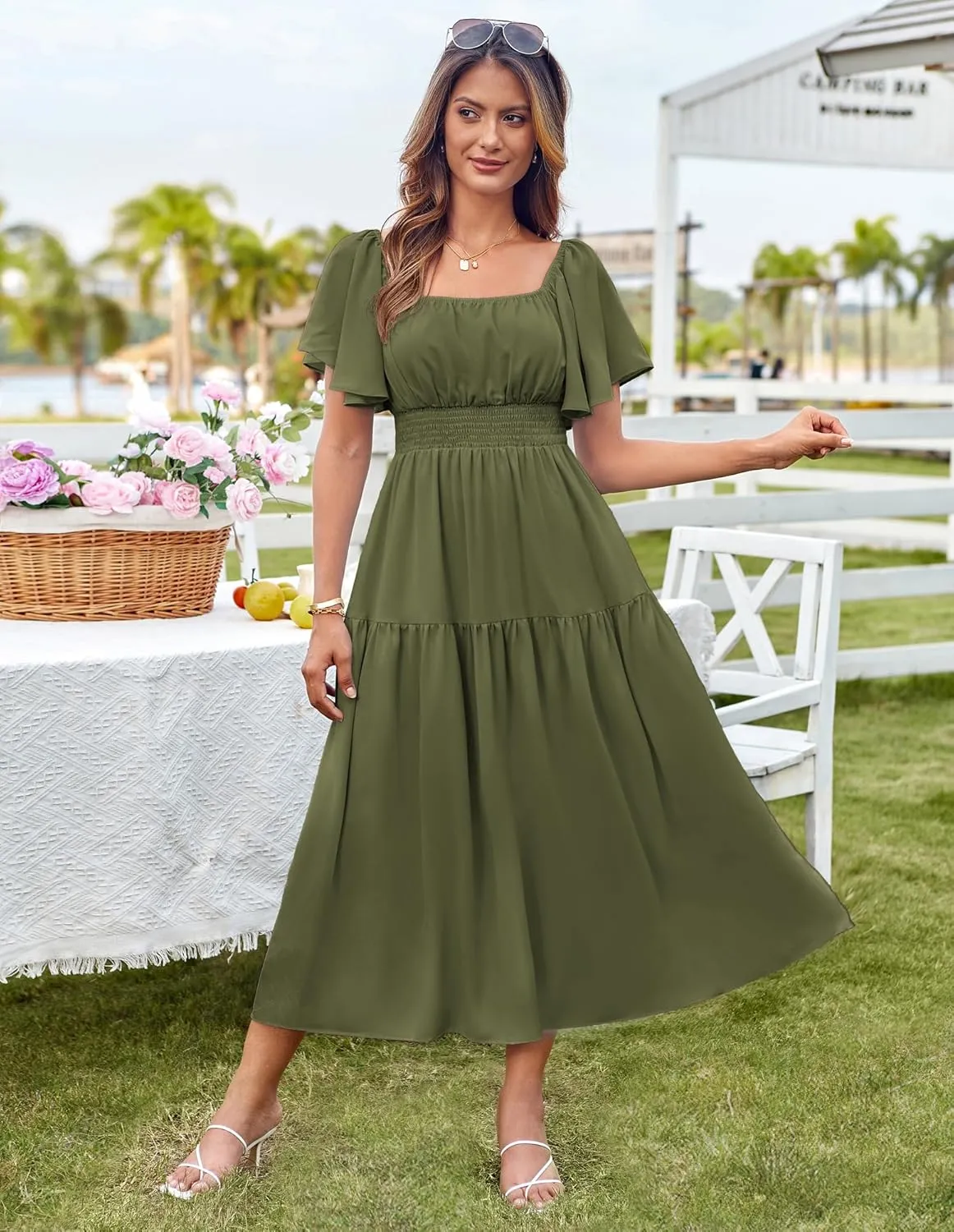 GRACE KARIN Women's Summer Short Sleeve Square Neck Smocked Waist Casual Vacation Tiered Flowy Maxi Dress