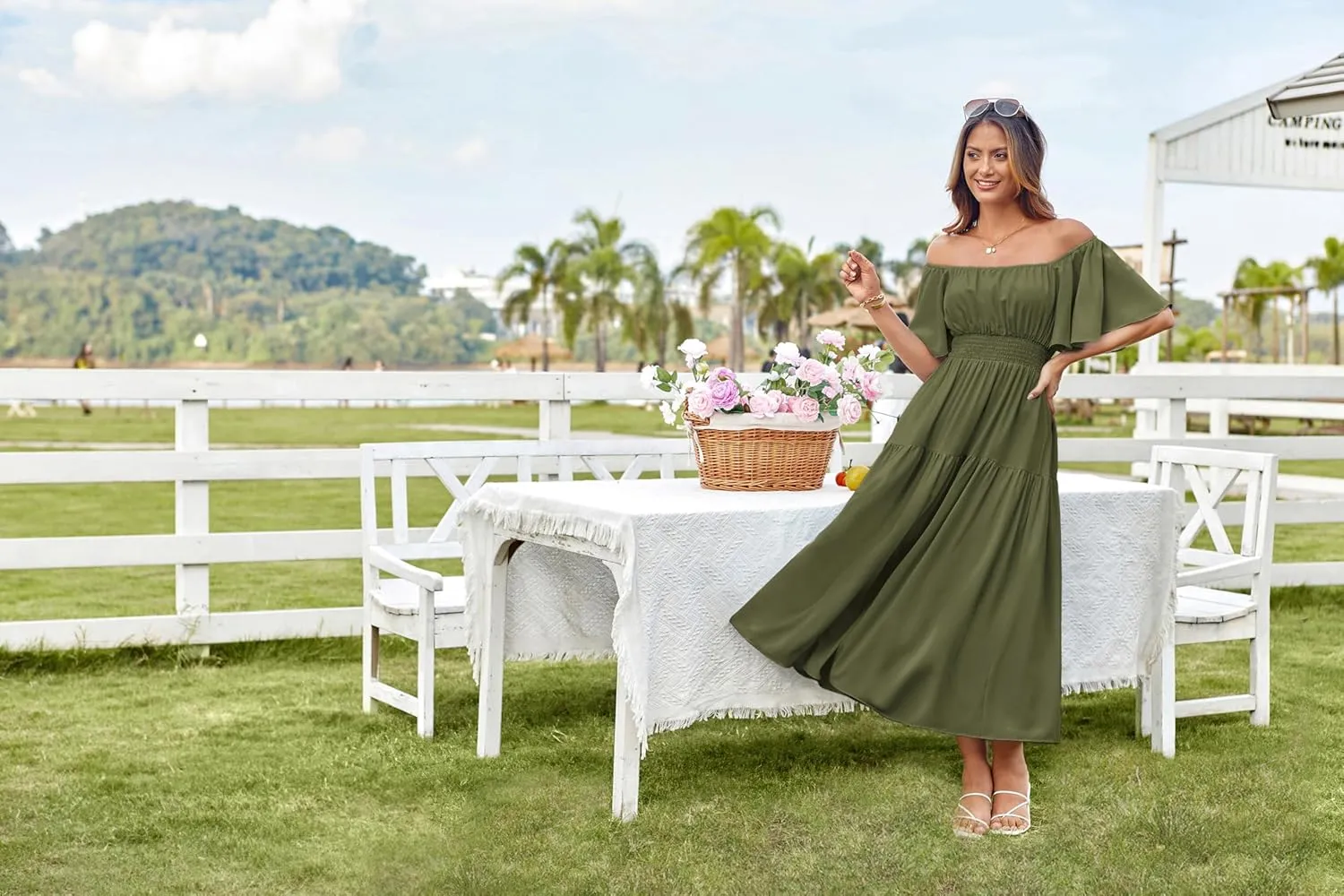 GRACE KARIN Women's Summer Short Sleeve Square Neck Smocked Waist Casual Vacation Tiered Flowy Maxi Dress