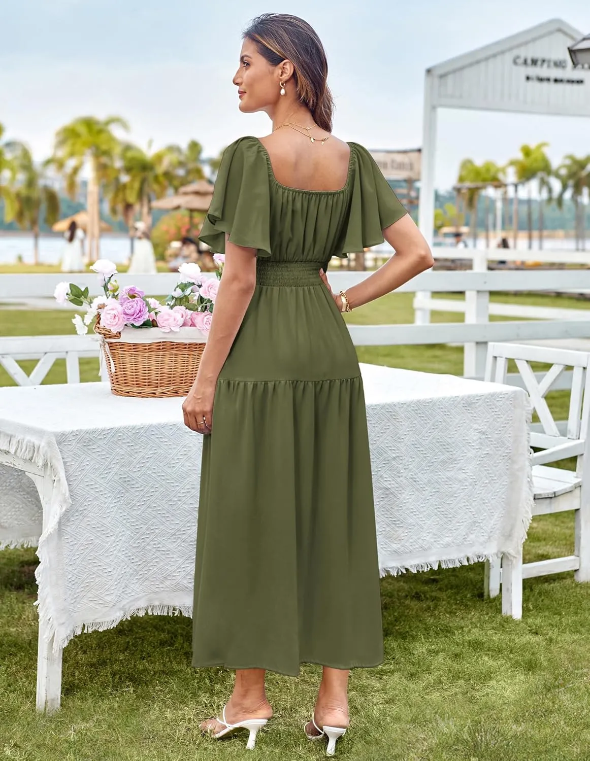 GRACE KARIN Women's Summer Short Sleeve Square Neck Smocked Waist Casual Vacation Tiered Flowy Maxi Dress