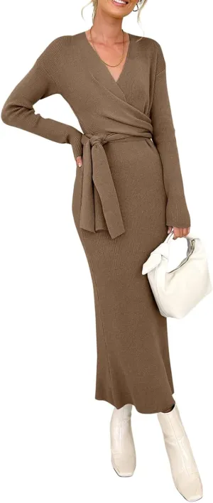 Happy Sailed Womens Knit Dress Spring Long Sleeve Wrap V Neck Tie Waist Ribbed Sweater Dresses