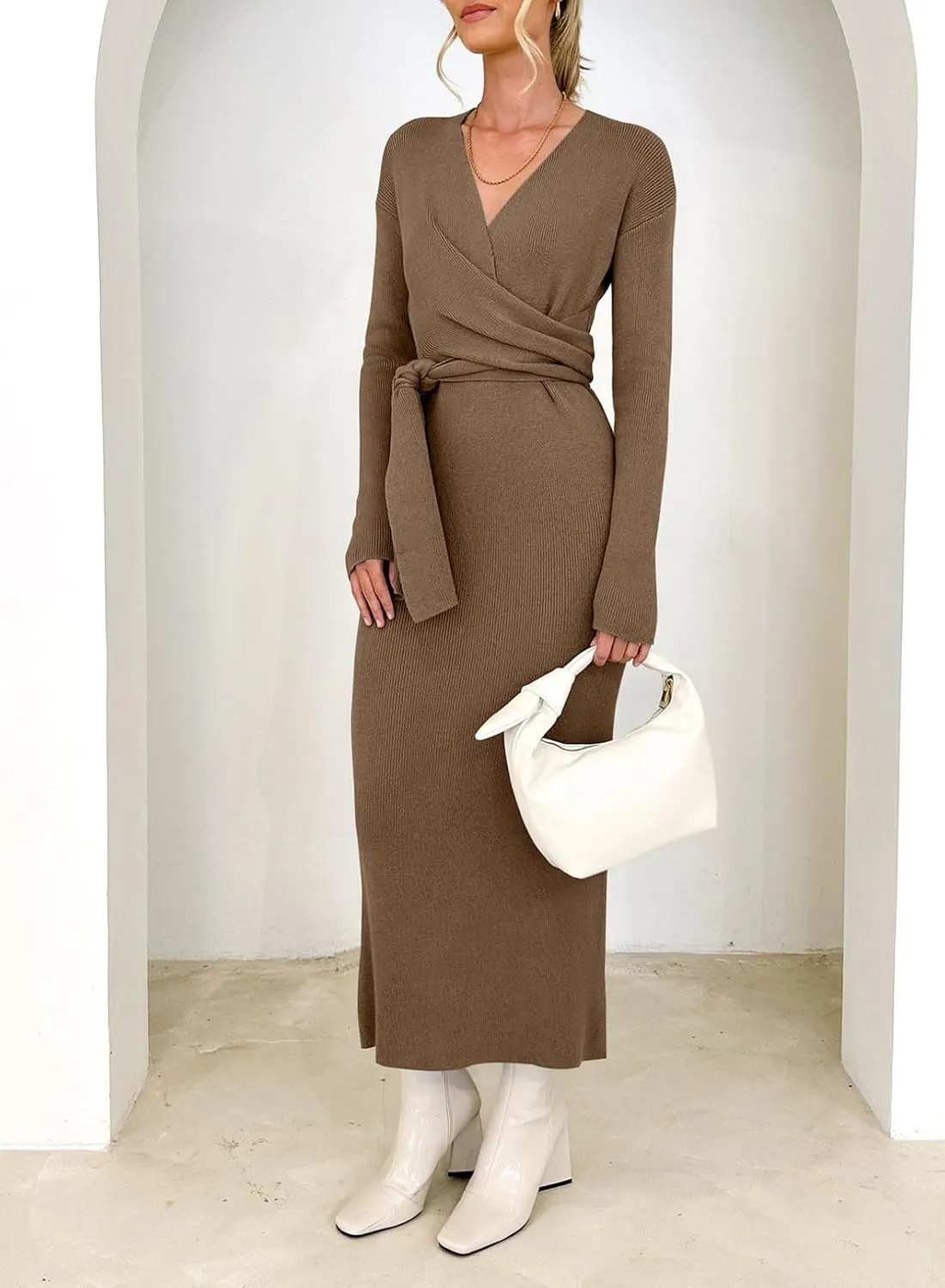 Happy Sailed Womens Knit Dress Spring Long Sleeve Wrap V Neck Tie Waist Ribbed Sweater Dresses