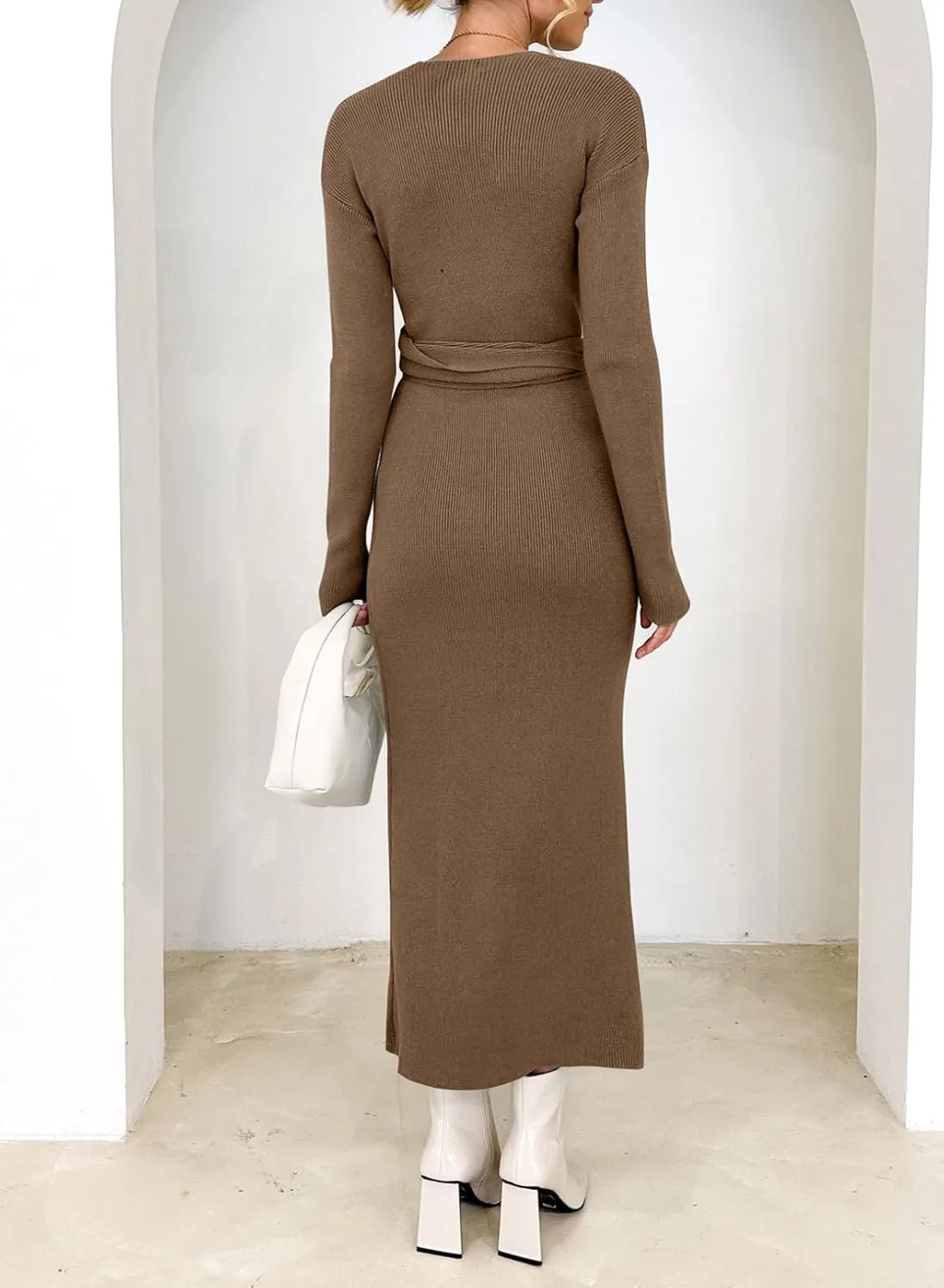 Happy Sailed Womens Knit Dress Spring Long Sleeve Wrap V Neck Tie Waist Ribbed Sweater Dresses