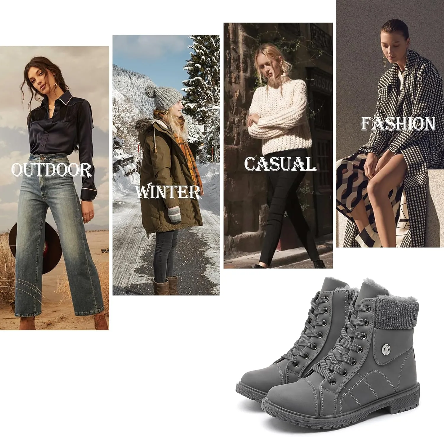 hash bubbie Women's Waterproof Ankle Boots Non Slip Combat Boots Black Fuzzy Winter Boots White Lace up Snow Boots for women Fall Boots with Zipper