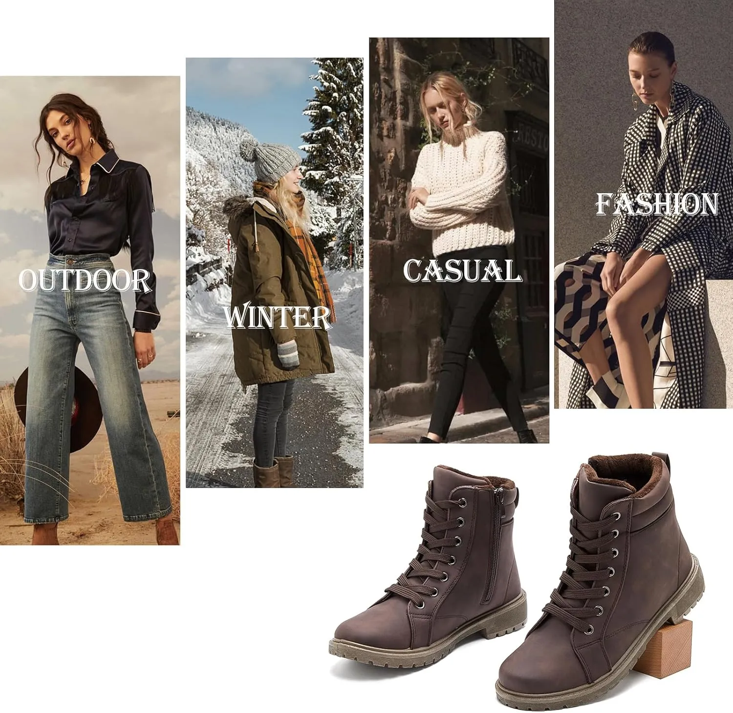 hash bubbie Women's Waterproof Ankle Boots Non Slip Combat Boots Black Fuzzy Winter Boots White Lace up Snow Boots for women Fall Boots with Zipper