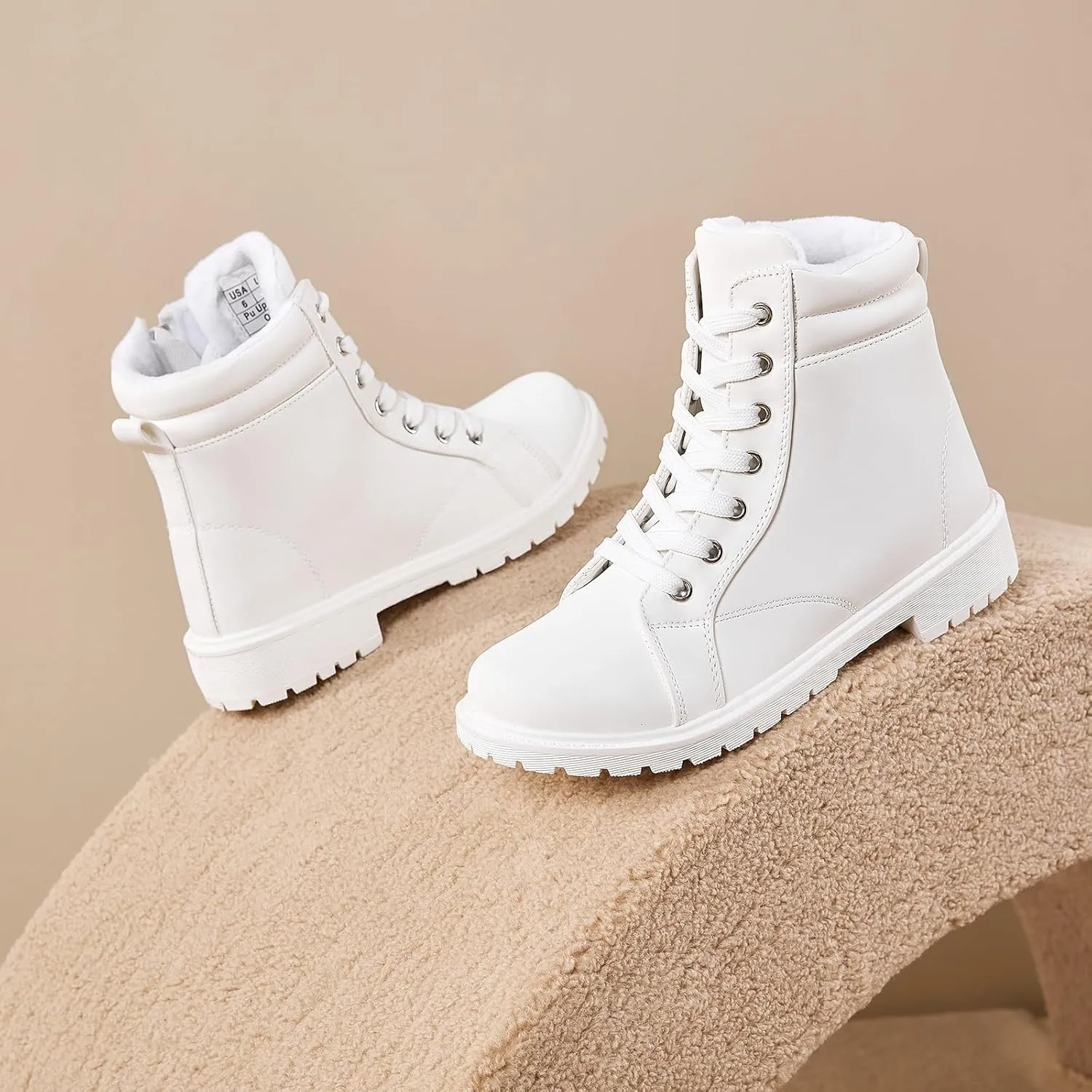 hash bubbie Women's Waterproof Ankle Boots Non Slip Combat Boots Black Fuzzy Winter Boots White Lace up Snow Boots for women Fall Boots with Zipper