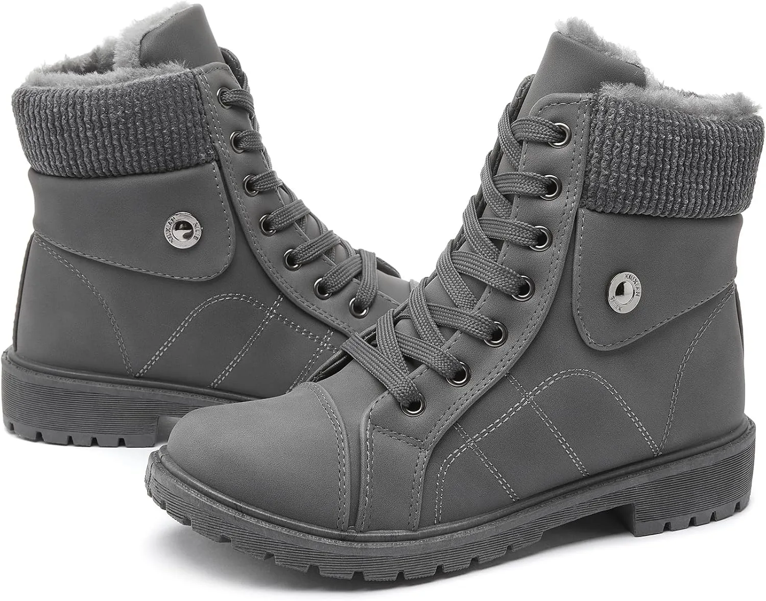 hash bubbie Women's Waterproof Ankle Boots Non Slip Combat Boots Black Fuzzy Winter Boots White Lace up Snow Boots for women Fall Boots with Zipper