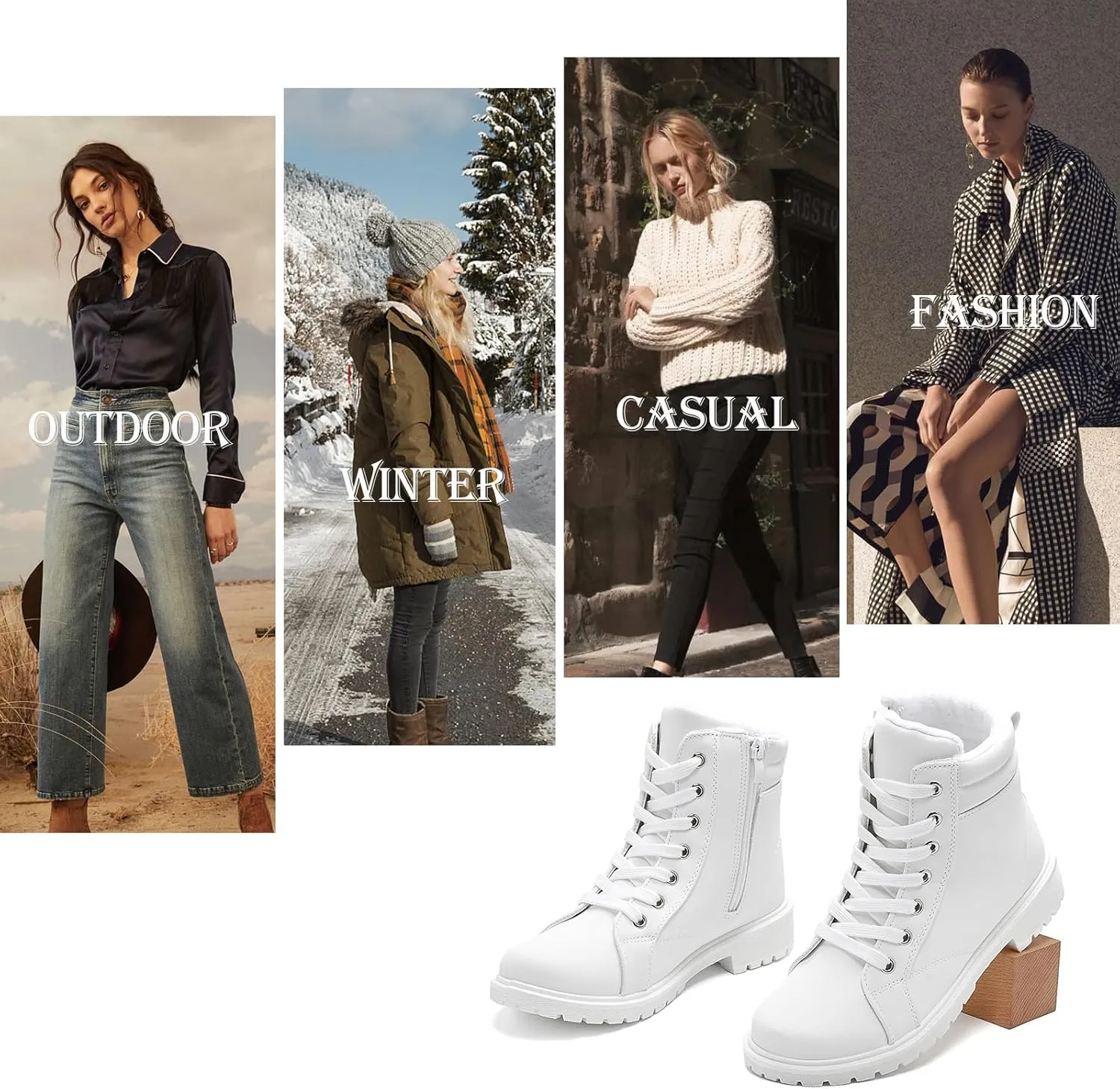 hash bubbie Women's Waterproof Ankle Boots Non Slip Combat Boots Black Fuzzy Winter Boots White Lace up Snow Boots for women Fall Boots with Zipper
