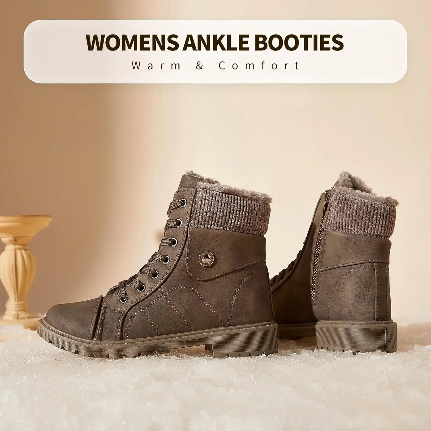 hash bubbie Women's Waterproof Ankle Boots Non Slip Combat Boots Black Fuzzy Winter Boots White Lace up Snow Boots for women Fall Boots with Zipper