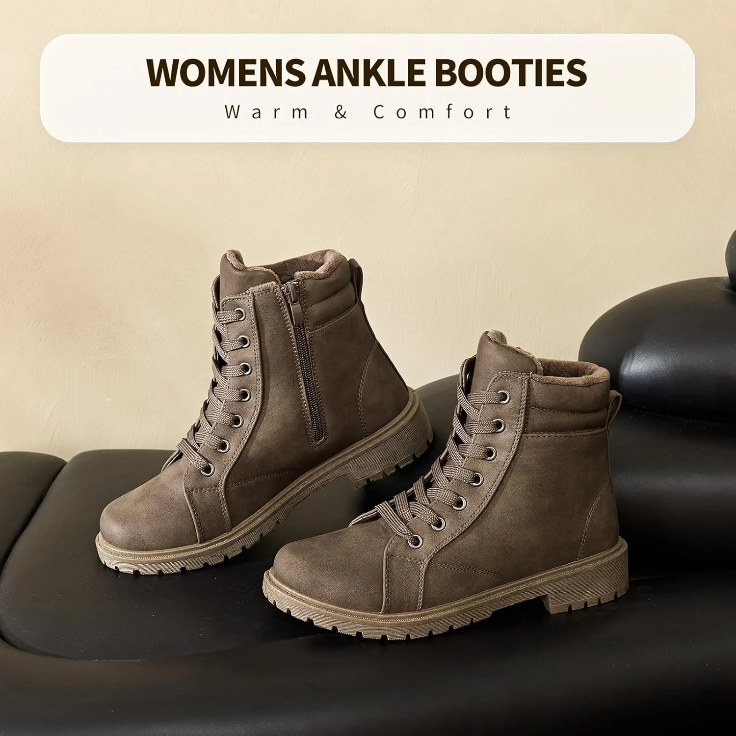 hash bubbie Women's Waterproof Ankle Boots Non Slip Combat Boots Black Fuzzy Winter Boots White Lace up Snow Boots for women Fall Boots with Zipper