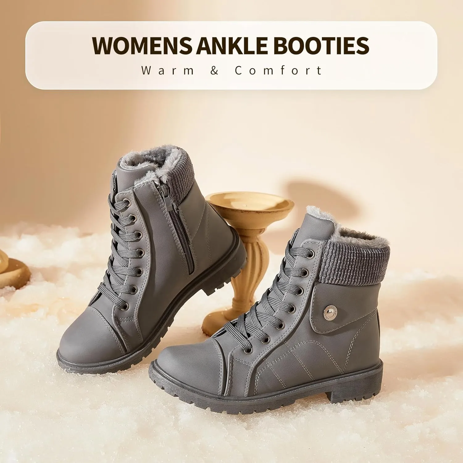 hash bubbie Women's Waterproof Ankle Boots Non Slip Combat Boots Black Fuzzy Winter Boots White Lace up Snow Boots for women Fall Boots with Zipper