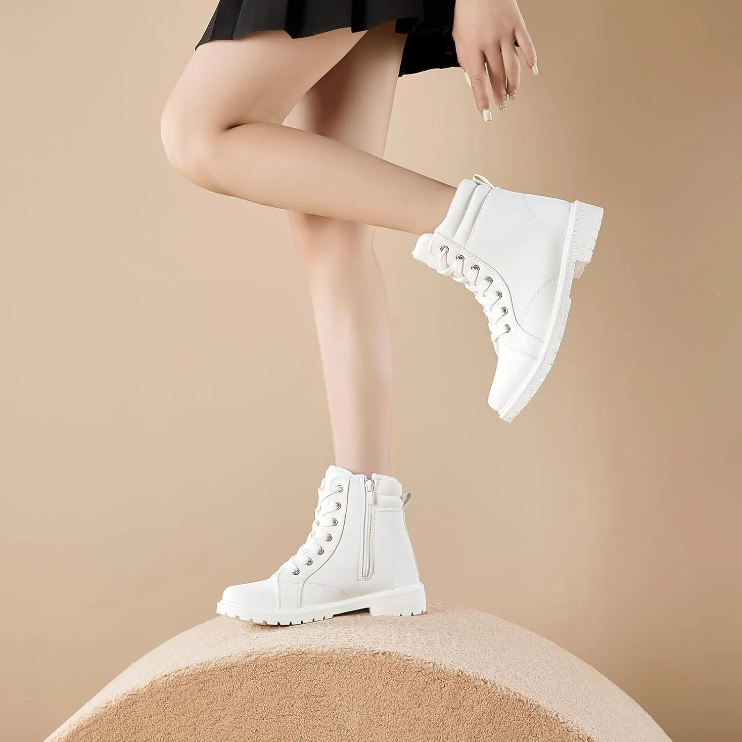hash bubbie Women's Waterproof Ankle Boots Non Slip Combat Boots Black Fuzzy Winter Boots White Lace up Snow Boots for women Fall Boots with Zipper