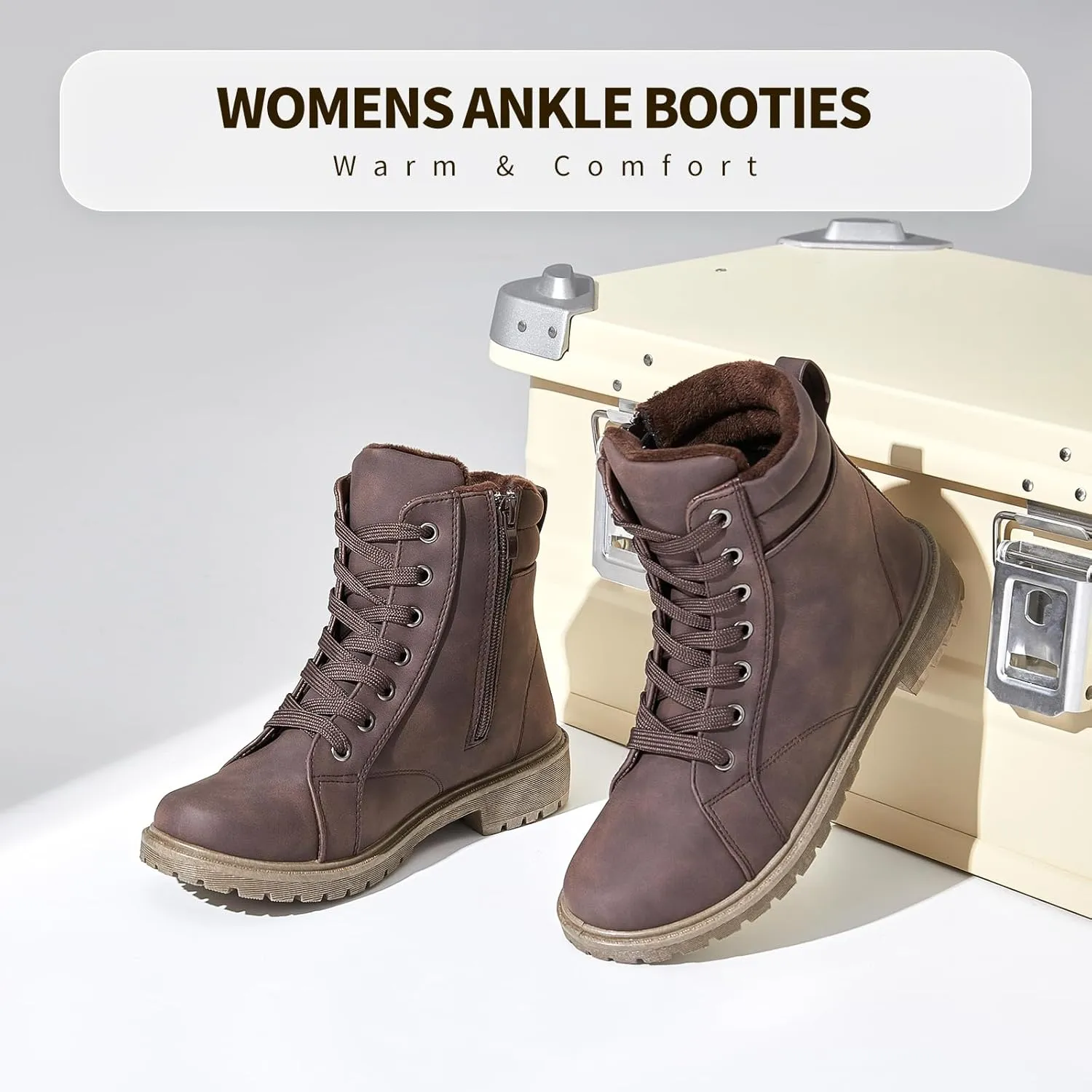hash bubbie Women's Waterproof Ankle Boots Non Slip Combat Boots Black Fuzzy Winter Boots White Lace up Snow Boots for women Fall Boots with Zipper
