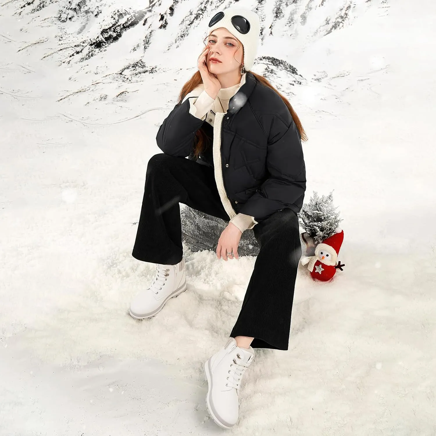 hash bubbie Women's White Combat Boots Black Platform Boots Non Slip Waterproof Ankle Boots Fall Winter Hiking Boots Fuzzy Snow Boots for women with Zipper