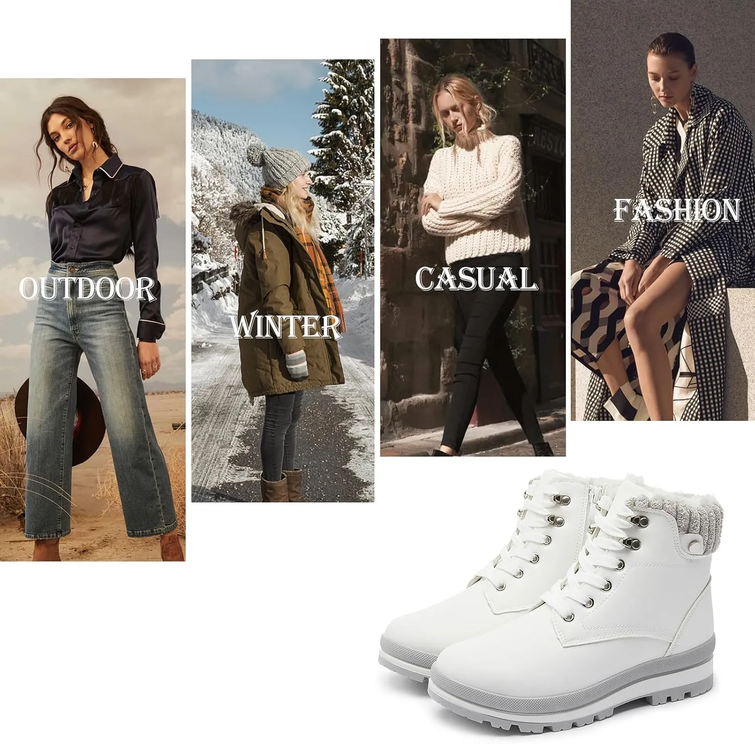 hash bubbie Women's White Combat Boots Black Platform Boots Non Slip Waterproof Ankle Boots Fall Winter Hiking Boots Fuzzy Snow Boots for women with Zipper