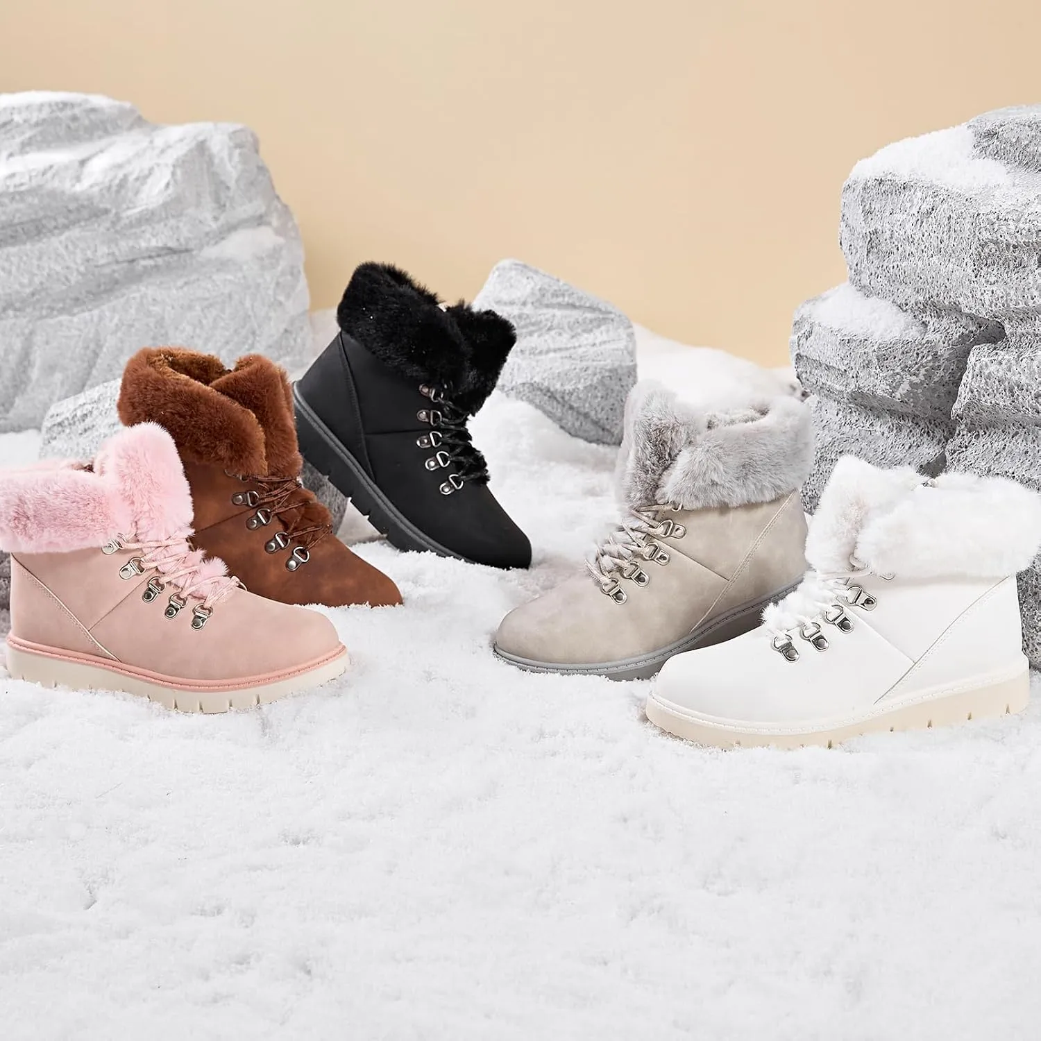 hash bubbie Women's Winter Boots Ankle Booties for Women Warm Fuzzy Boots Lace up PU Leather Snow Boots with Zipper