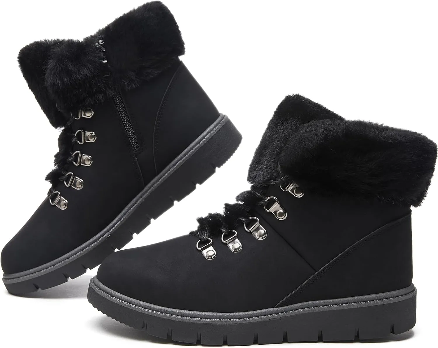 hash bubbie Women's Winter Boots Ankle Booties for Women Warm Fuzzy Boots Lace up PU Leather Snow Boots with Zipper