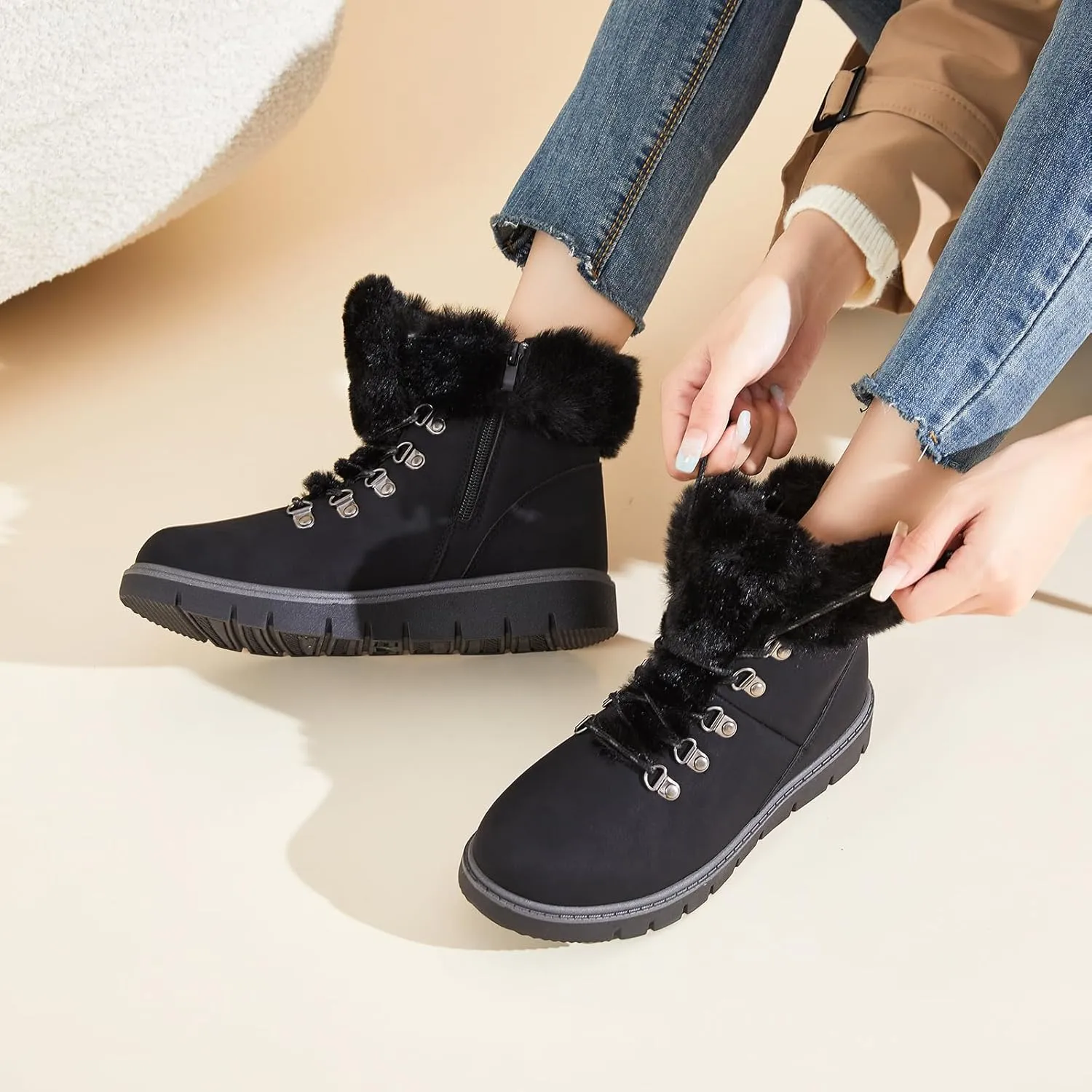 hash bubbie Women's Winter Boots Ankle Booties for Women Warm Fuzzy Boots Lace up PU Leather Snow Boots with Zipper