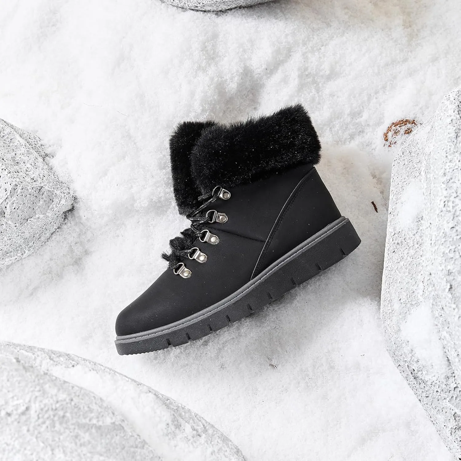 hash bubbie Women's Winter Boots Ankle Booties for Women Warm Fuzzy Boots Lace up PU Leather Snow Boots with Zipper